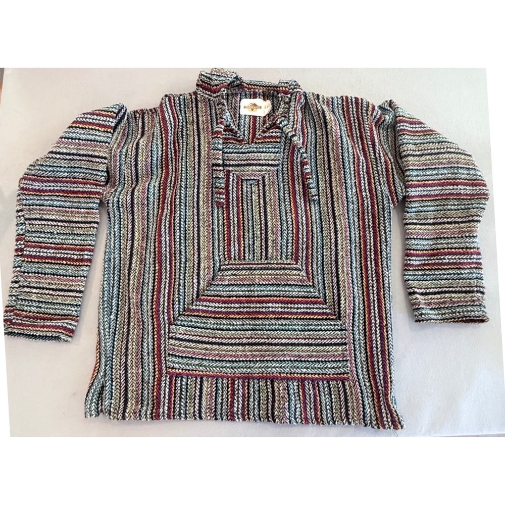 Earth Ragz Baja Hoodie Mens Large Multi Color Striped Woven Pullover Mexico